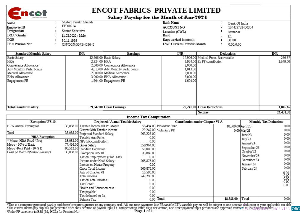 Download Encot Fabrics corporate office payslip template in Word and PDF formats.pdf, 1 Photoshop template